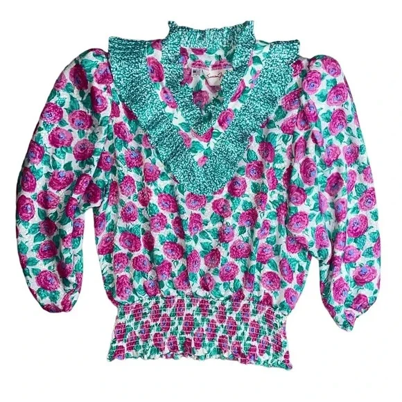 Vintage 80’s Susan Freis Floral Ruffle Blouse Made In USA Women’s Size XS Boho - Picture 6 of 6